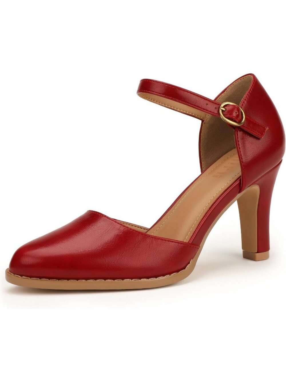 Women's NL Red Pu Closed Toe Chunky High Heel Comfortable Party Dress Pump Shoes